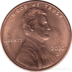 Монета. США. 1 цент 2020 год. Монетный двор D.
