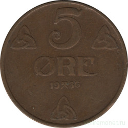 Монета. Норвегия. 5 эре 1936 год.