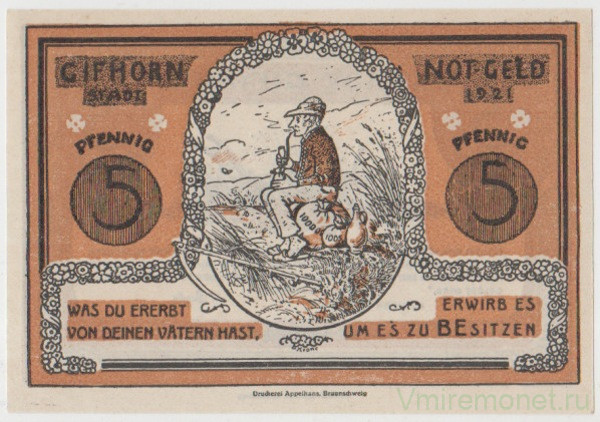 Бона. Нотгельд. Германия. Город Гифхорн. 5 пфеннигов 1921 год. Вариант 428.1.1.