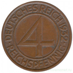 Монета. Германия. Веймарская республика. 4 рейхспфеннига 1932 год. Монетный двор - Штутгарт (F).