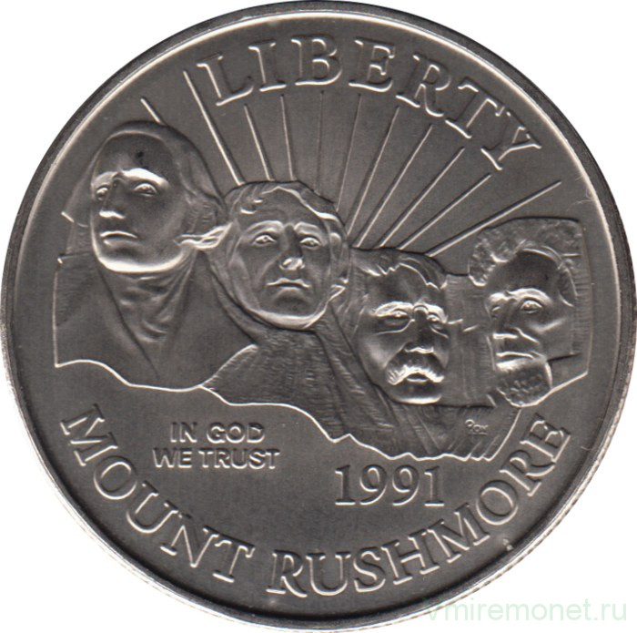 Монета. США. 50 центов 1991 год (D). Скала Рашмор.