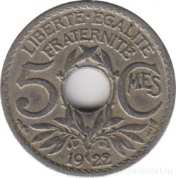 Монета. Франция. 5 сантимов 1922 год. Монетный двор - Бомон-ле-Роже. Аверс - рог изобилия.