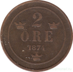 Монета. Швеция. 2 эре 1874 год.