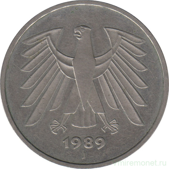 Монета. ФРГ. 5 марок 1989 год. Монетный двор - Гамбург (J).