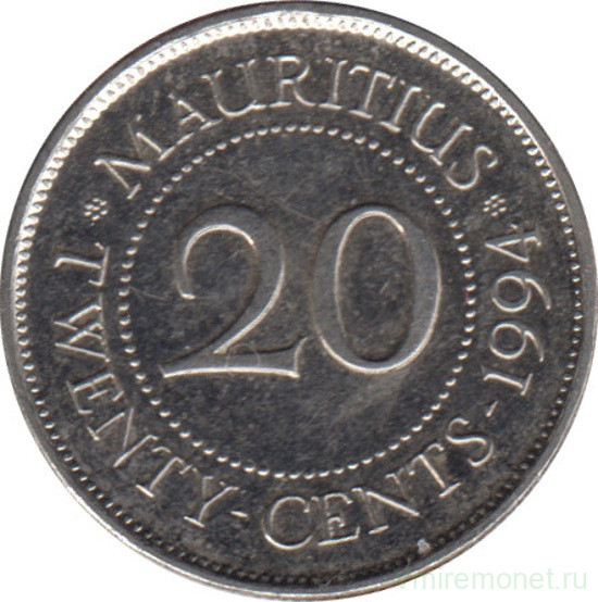 Монета. Маврикий. 20 центов 1994 год.