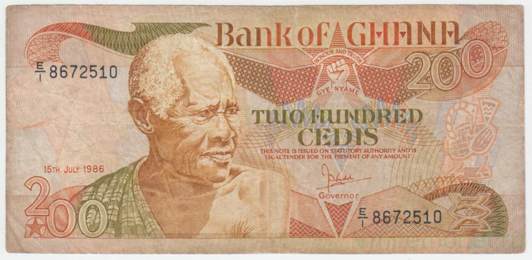 Банкнота. Гана. 200 седи 1986 год. Тип 27a.