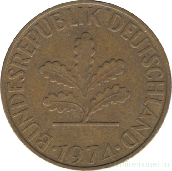 Монета. ФРГ. 10 пфеннигов 1974 год. Монетный двор - Карлсруэ (G).