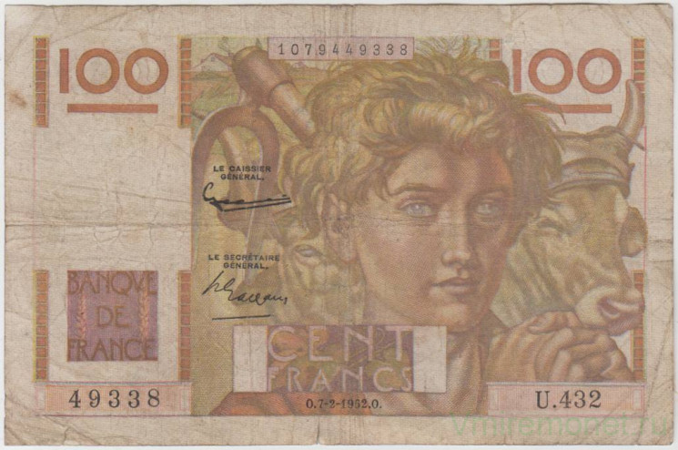 Банкнота. Франция. 100 франков 1952 год. Тип 128d.