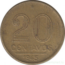 Монета. Бразилия. 20 сентаво 1945 год.