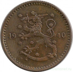 Монета. Финляндия. 1 марка 1940 год. Медь.