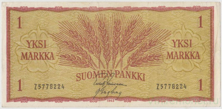 Банкнота. Финляндия. 1 марка 1963 год. Тип 98а(6).