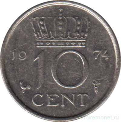 Монета. Нидерланды. 10 центов 1974 год.