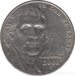 Монета. США. 5 центов 2008 год. Монетный двор D.