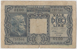 Банкнота. Италия. 10 лир 1944 год. Тип 32а.