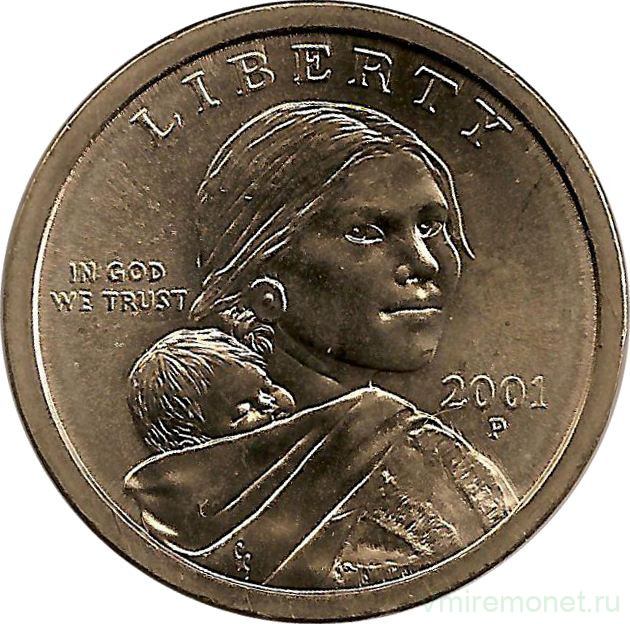 Монета. США. 1 доллар 2001 год. Сакагавея, парящий орел. Монетный двор P.