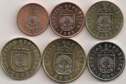 Монеты. Латвия. 1, 2, 5, 10, 20, 50 сантимов 2008-2009 год. Набор монет 6 штук.