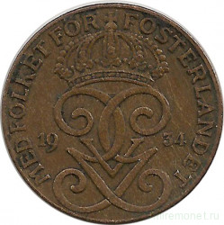 Монета. Швеция. 2 эре 1934 год.