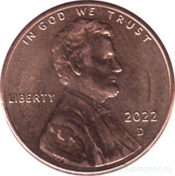 Монета. США. 1 цент 2022 год. Монетный двор D.