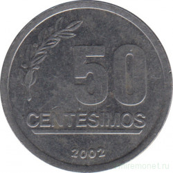 Монета. Уругвай. 50 сентесимо 2002 год.