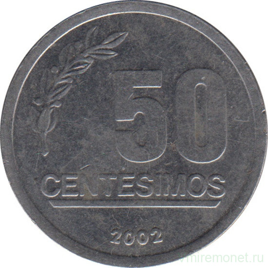 Монета. Уругвай. 50 сентесимо 2002 год.