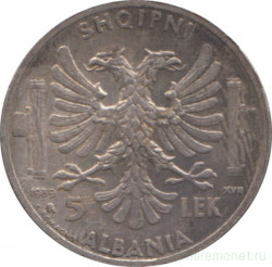 Монета. Албания. 5 леков 1939 год.