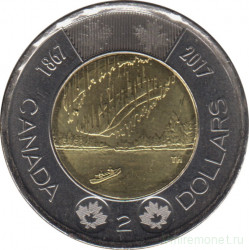 Монета. Канада. 2 доллара 2017 год. 150 лет Конфедерации Канада - полярное сияние.