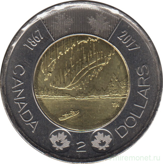 Монета. Канада. 2 доллара 2017 год. 150 лет Конфедерации Канада - полярное сияние.