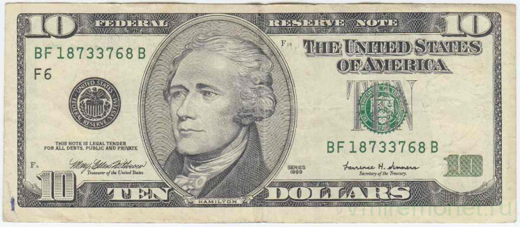 Банкнота. США. 10 долларов 1999 год. Серия BF. Тип 506.