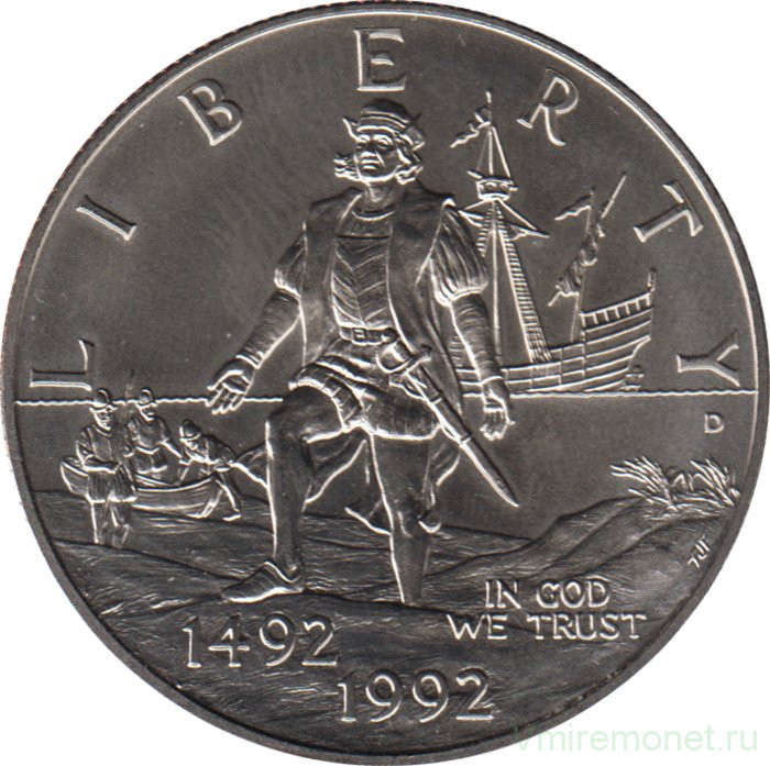 Монета. США. 50 центов 1992 год (D). 500 лет открытия Америки.