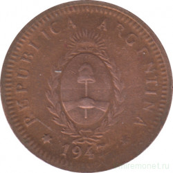 Монета. Аргентина. 2 сентаво 1947 год.