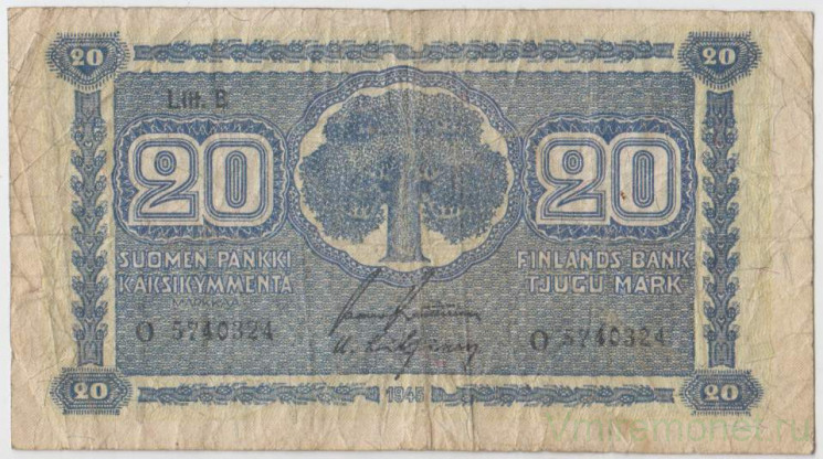 Банкнота. Финляндия. 20 марок 1945 год. Тип 86(14).