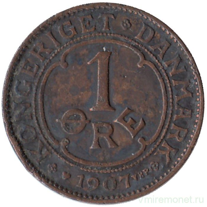 Монета. Дания. 1 эре 1907 год. 