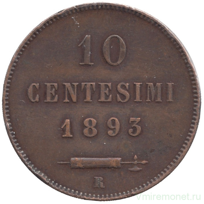 Монета. Сан-Марино. 10 чентезимо 1893 год. 