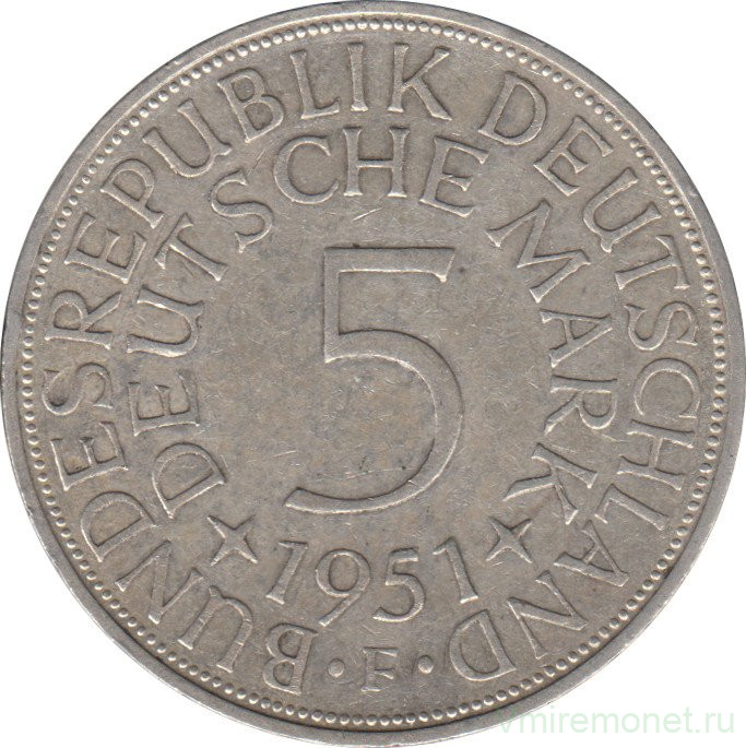 Монета. ФРГ. 5 марок 1951 год. Монетный двор - Штутгарт (F).