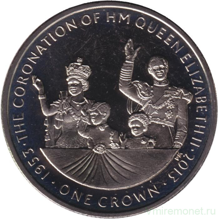 Монета. Великобритания. Остров Мэн. 1 крона 2013 год. 60 лет коронации Королевы Елизаветы II. Елизавета II и семья.