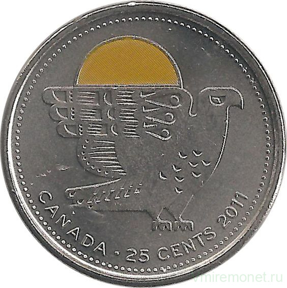 Монета. Канада. 25 центов 2011 год. Природа Канады - Сапсан. Желтая эмаль.