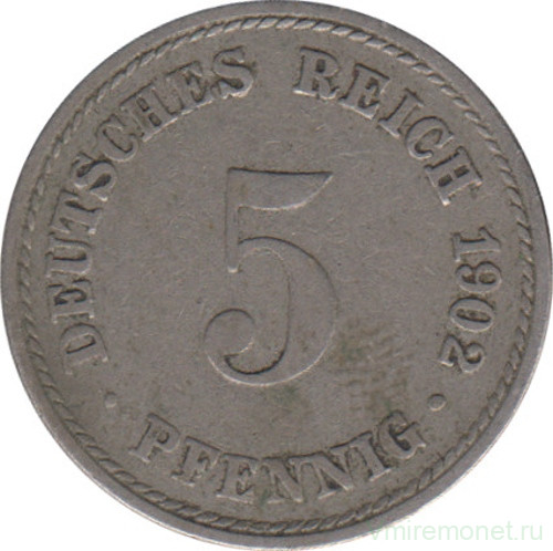 Монета. Германия (Германская империя 1871-1922). 5 пфеннигов 1902 год. (А).