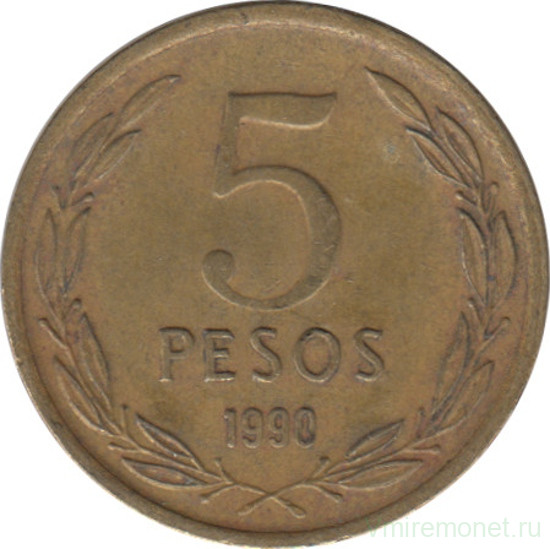 Монета. Чили. 5 песо 1990 год. Новый тип.