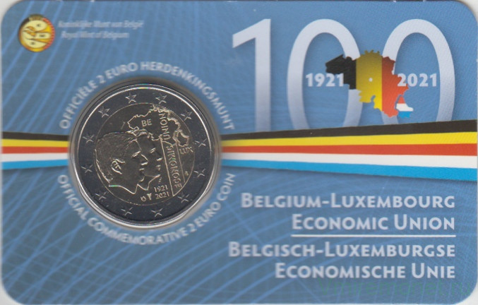 Монета. Бельгия. 2 евро 2021 год. 100 лет Бельгийско-Люксембургскому экономическому союзу. Коинкарта Belgie.