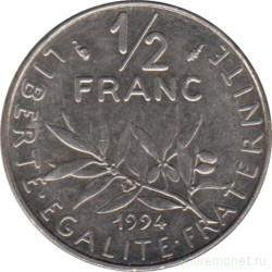Монета. Франция. 1/2 франка 1994 год. Дельфин ( знак гравёра ).