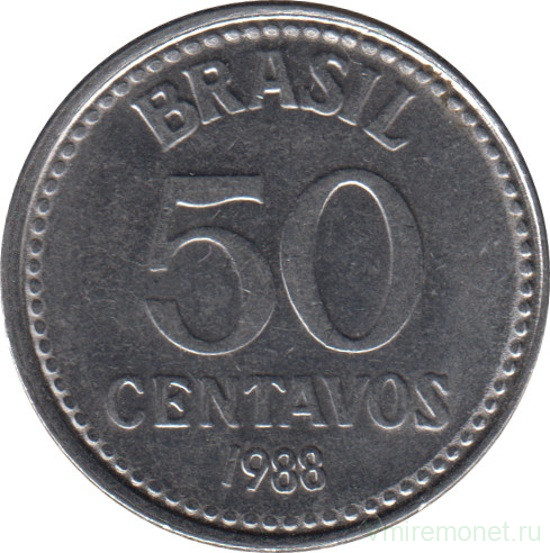 Монета. Бразилия. 50 сентаво 1988 год.