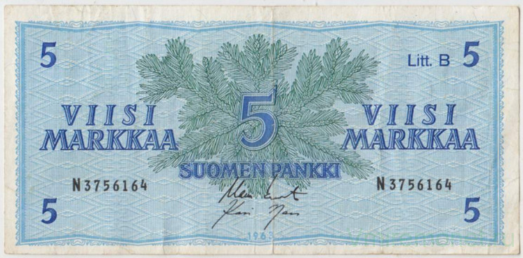 Банкнота. Финляндия. 5 марок 1963 год. Тип 99а(54).