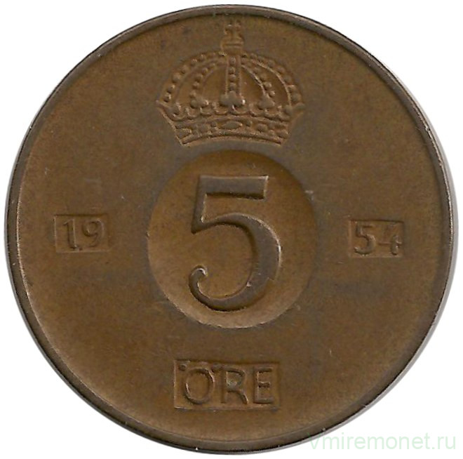 Монета. Швеция. 5 эре 1954 год.