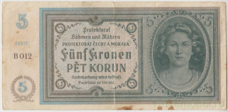 Банкнота. Протекторат Богемия и Моравия. 5 крон 1940 год. Тип 4а.