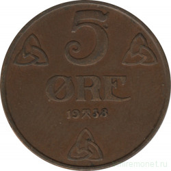 Монета. Норвегия. 5 эре 1938 год.