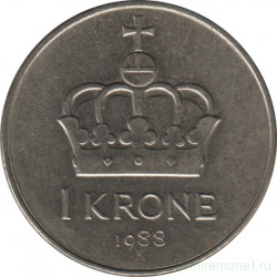 Монета. Норвегия. 1 крона 1988 год.