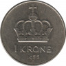  Монета. Норвегия. 1 крона 1988 год. ав.