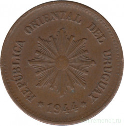 Монета. Уругвай. 2 сентесимо 1944 год.