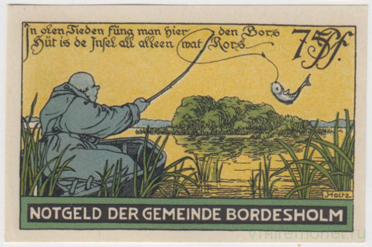 Бона. Нотгельд. Германия. Город Бордесхольм. 75 пфеннигов 1921 год. Реверс 4. Вариант 144.2.4.