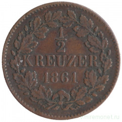 Монета. Германия. Баден. 1/2 крейцера 1861 год.